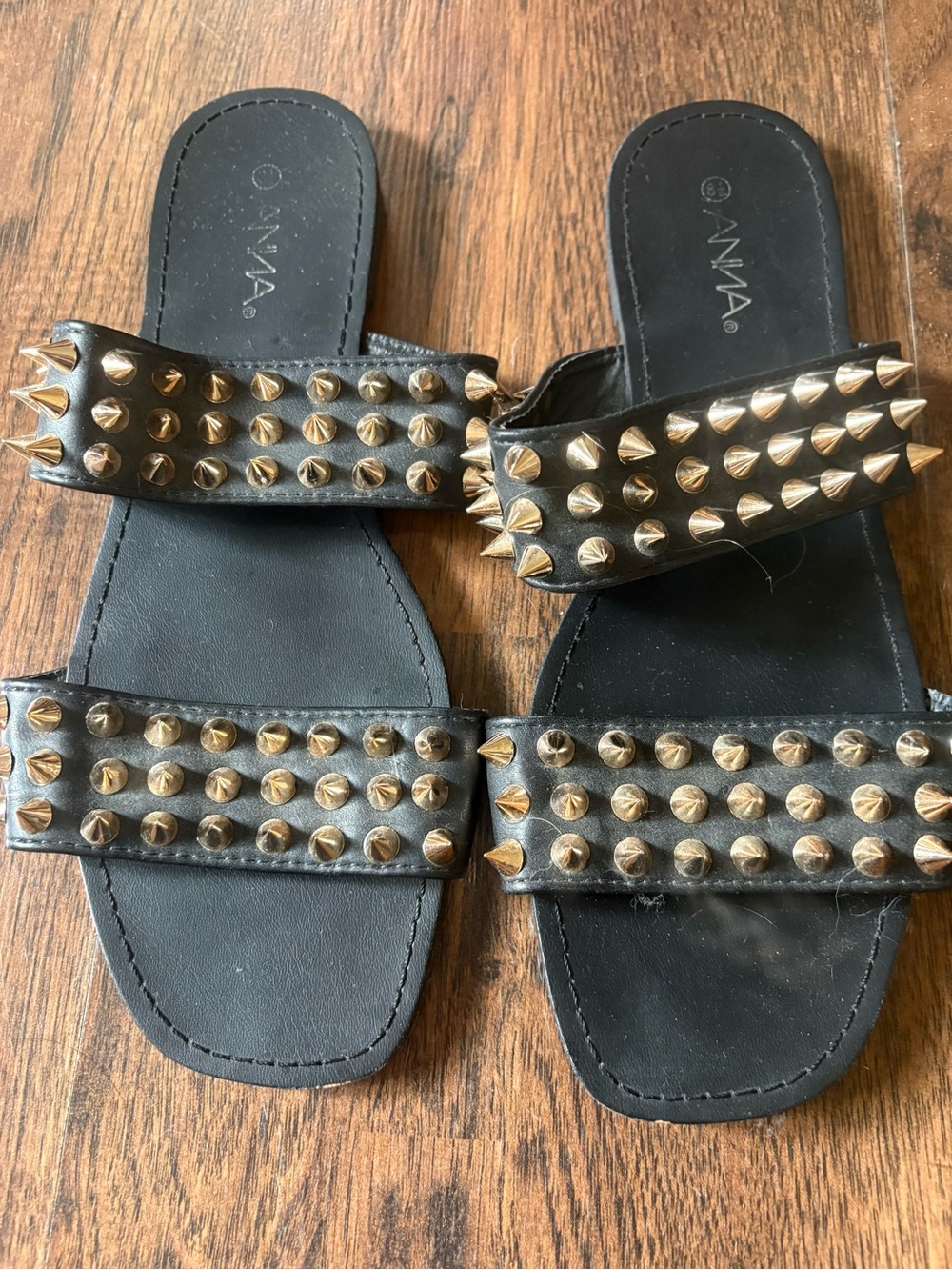 ANNA Black Slide Sandals with Gold Stud Detailing